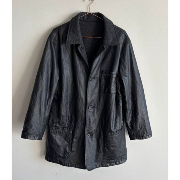 111 State Mens Long Sleeve Reversible Leather Wool Long Jacket Black Sz M/L - Picture 1 of 10